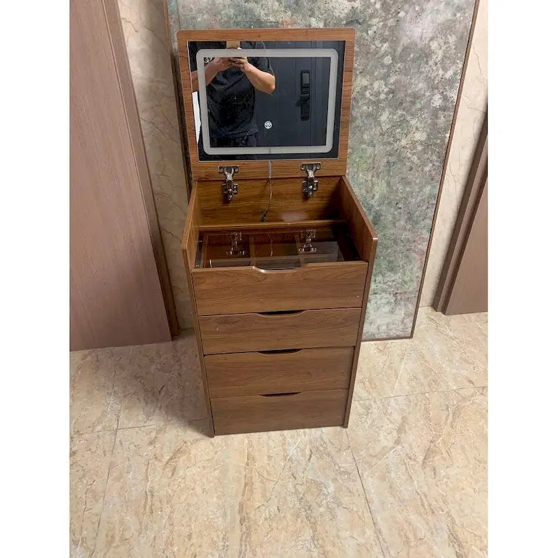 Ensemble coiffeuse 3 en 1 avec plateau en verre, 3 tiroirs et tabouret.