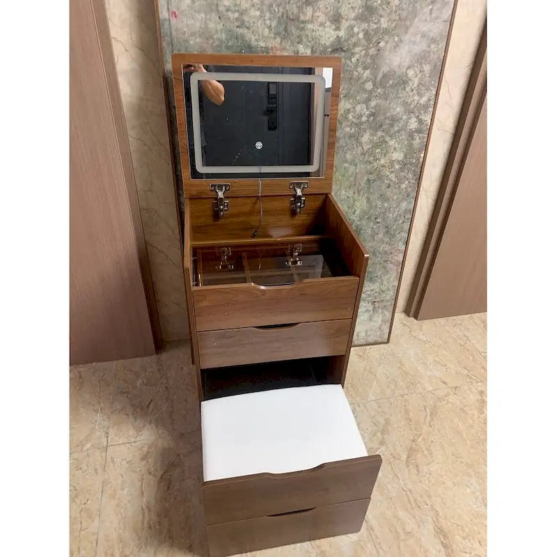 Ensemble coiffeuse 3 en 1 avec plateau en verre, 3 tiroirs et tabouret.