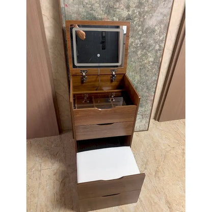 Ensemble coiffeuse 3 en 1 avec plateau en verre, 3 tiroirs et tabouret.