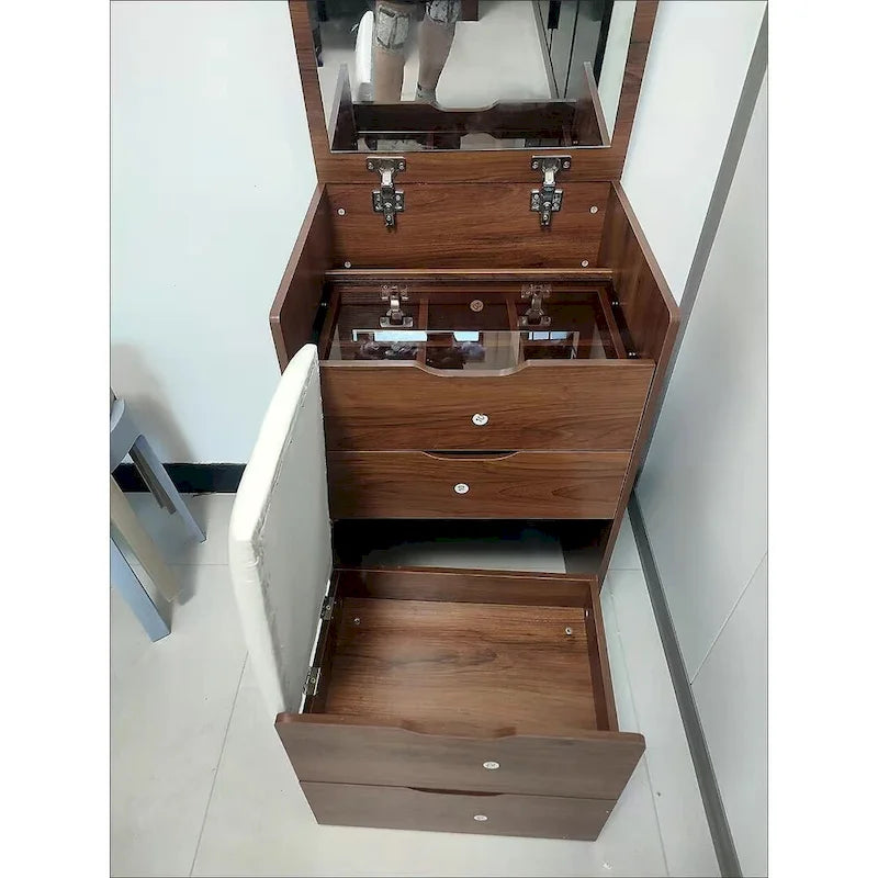 Ensemble coiffeuse 3 en 1 avec plateau en verre, 3 tiroirs et tabouret.