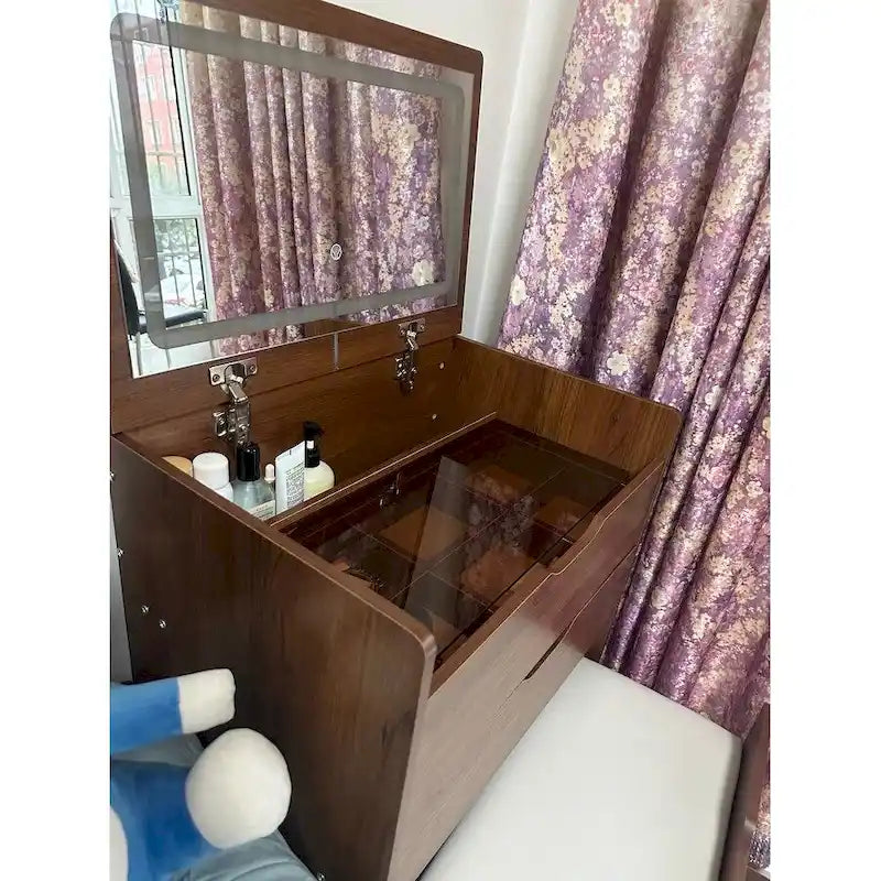 Ensemble coiffeuse 3 en 1 avec plateau en verre, 3 tiroirs et tabouret.