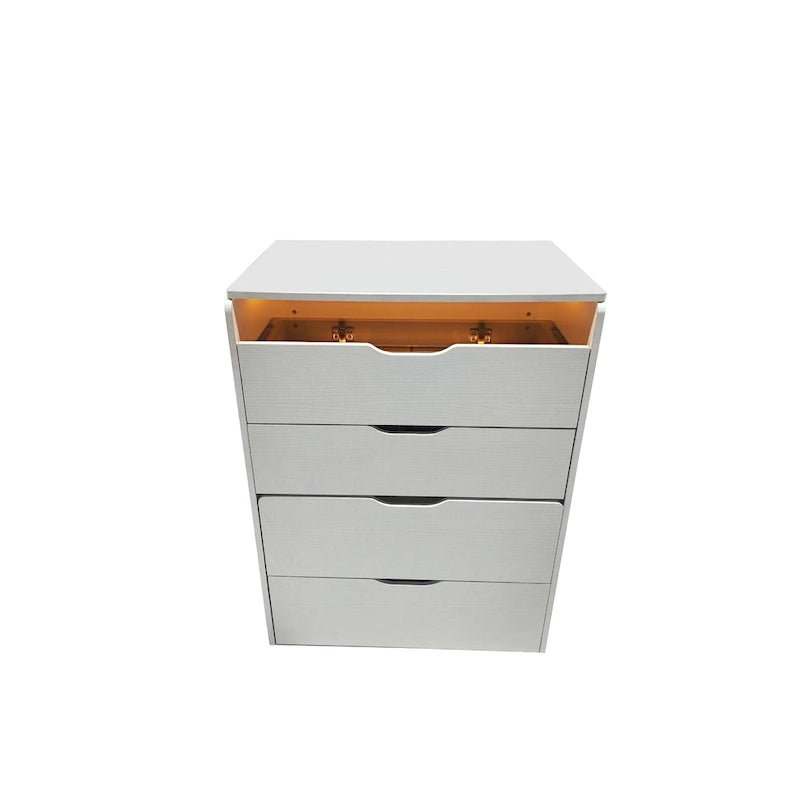 Ensemble coiffeuse 3 en 1 avec plateau en verre, 3 tiroirs et tabouret.