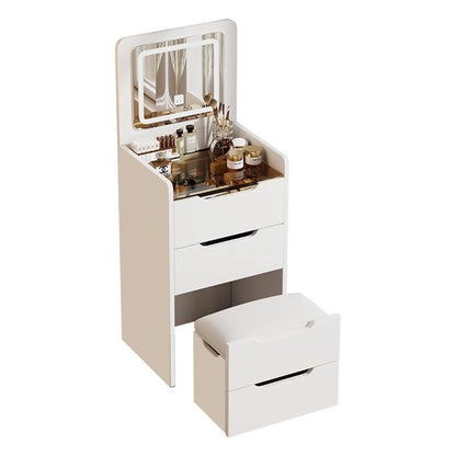 Ensemble coiffeuse 3 en 1 avec plateau en verre, 3 tiroirs et tabouret.