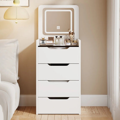 Ensemble coiffeuse 3 en 1 avec plateau en verre, 3 tiroirs et tabouret.