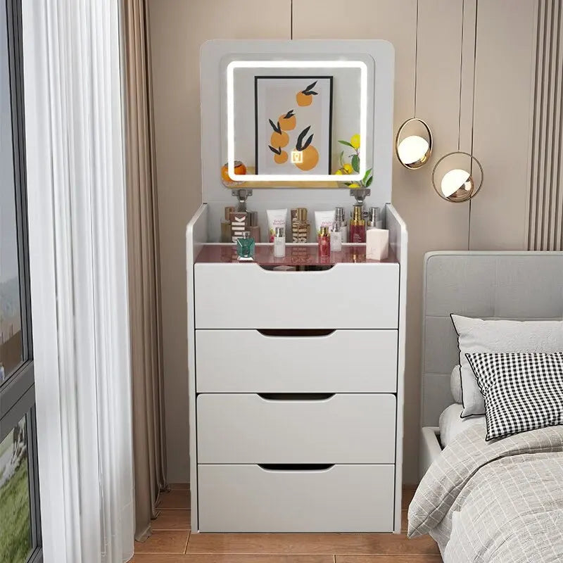 Ensemble coiffeuse 3 en 1 avec plateau en verre, 3 tiroirs et tabouret.