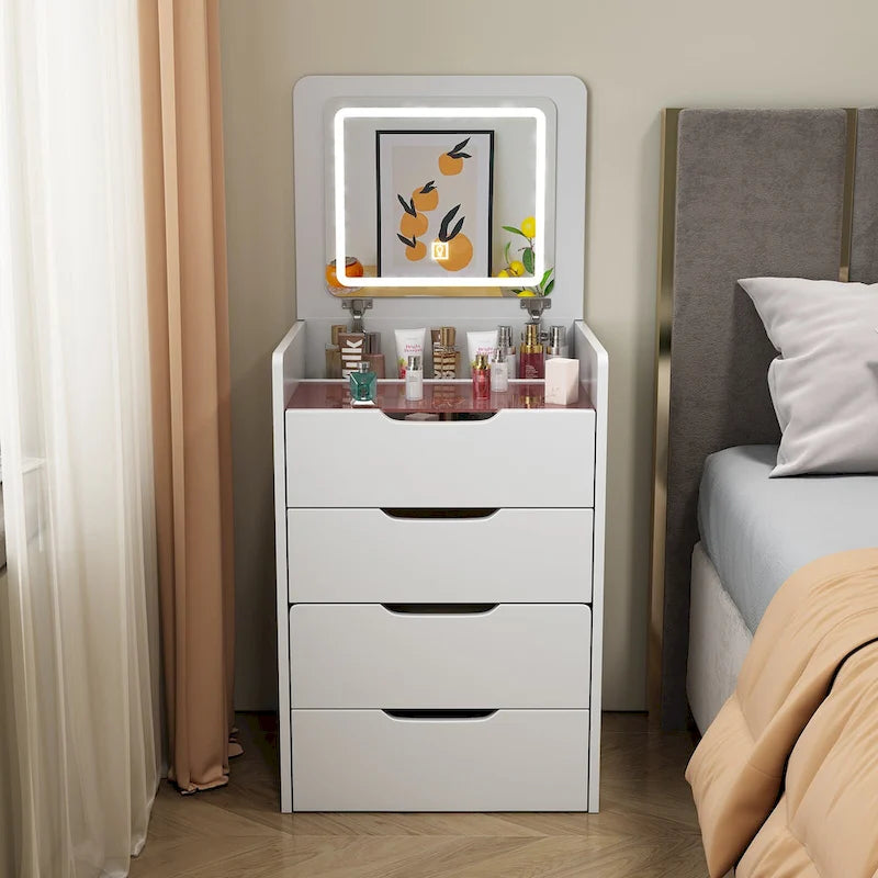 Ensemble coiffeuse 3 en 1 avec plateau en verre, 3 tiroirs et tabouret.