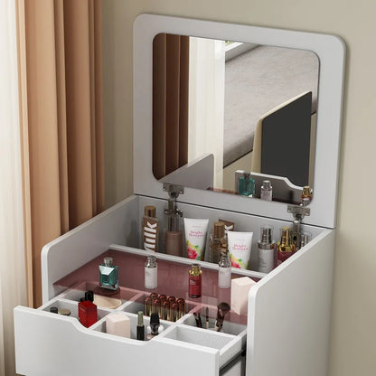 Ensemble coiffeuse 3 en 1 avec plateau en verre, 3 tiroirs et tabouret.