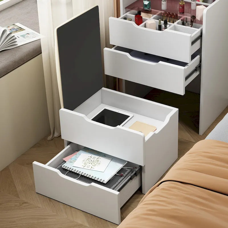 Ensemble coiffeuse 3 en 1 avec plateau en verre, 3 tiroirs et tabouret.