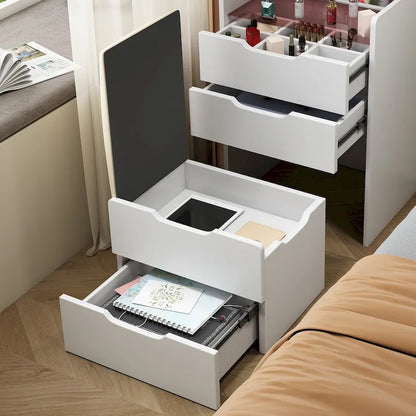 Ensemble coiffeuse 3 en 1 avec plateau en verre, 3 tiroirs et tabouret.