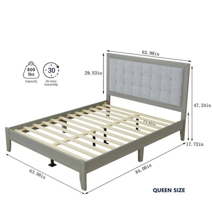 Lit Queen avec tête de lit rembourrée et plateforme en bois massif