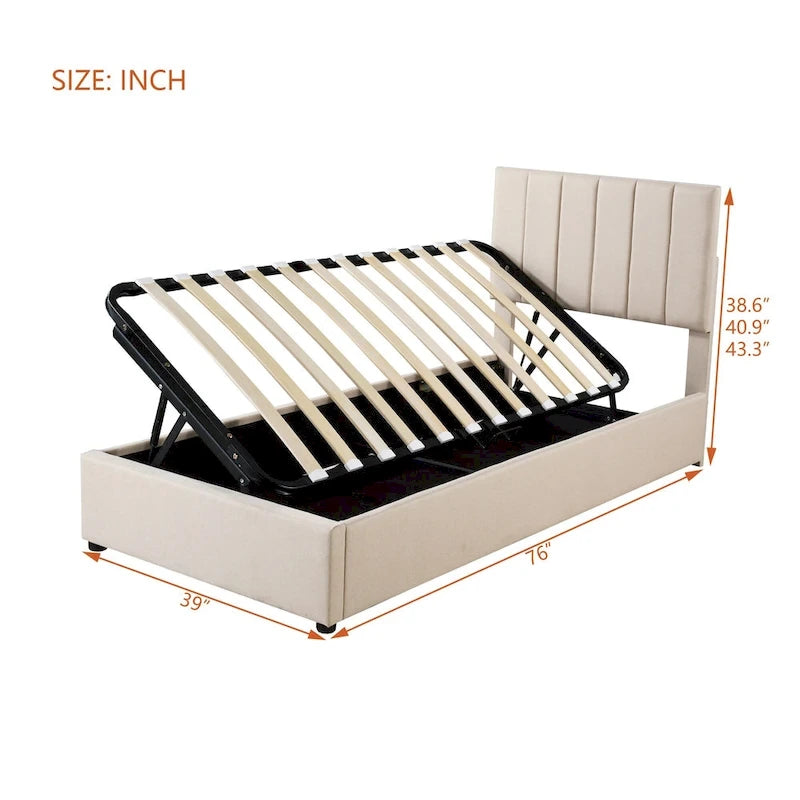 Lit plateforme relevable avec rangement intégré, lit bas en bois avec système de rangement hydraulique, tête de lit à rayures verticales