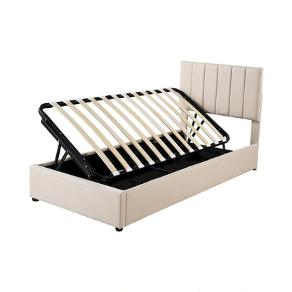 Lit plateforme relevable avec rangement intégré, lit bas en bois avec système de rangement hydraulique, tête de lit à rayures verticales