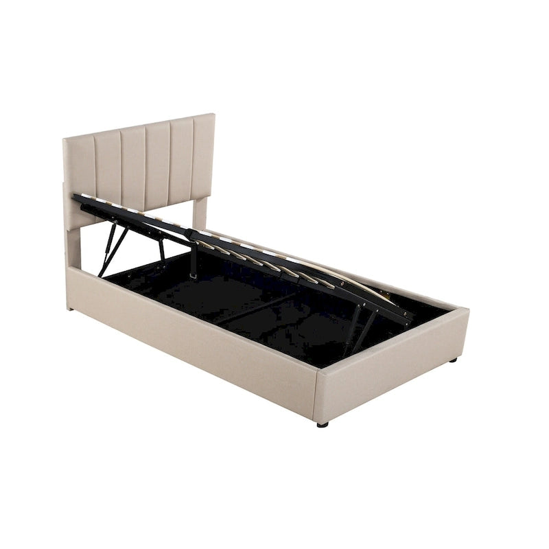 Lit plateforme relevable avec rangement intégré, lit bas en bois avec système de rangement hydraulique, tête de lit à rayures verticales