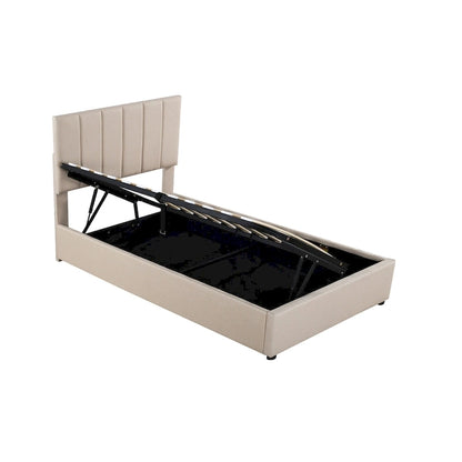 Lit plateforme relevable avec rangement intégré, lit bas en bois avec système de rangement hydraulique, tête de lit à rayures verticales