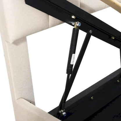 Lit plateforme relevable avec rangement intégré, lit bas en bois avec système de rangement hydraulique, tête de lit à rayures verticales