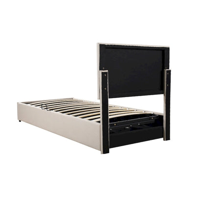 Lit plateforme relevable avec rangement intégré, lit bas en bois avec système de rangement hydraulique, tête de lit à rayures verticales