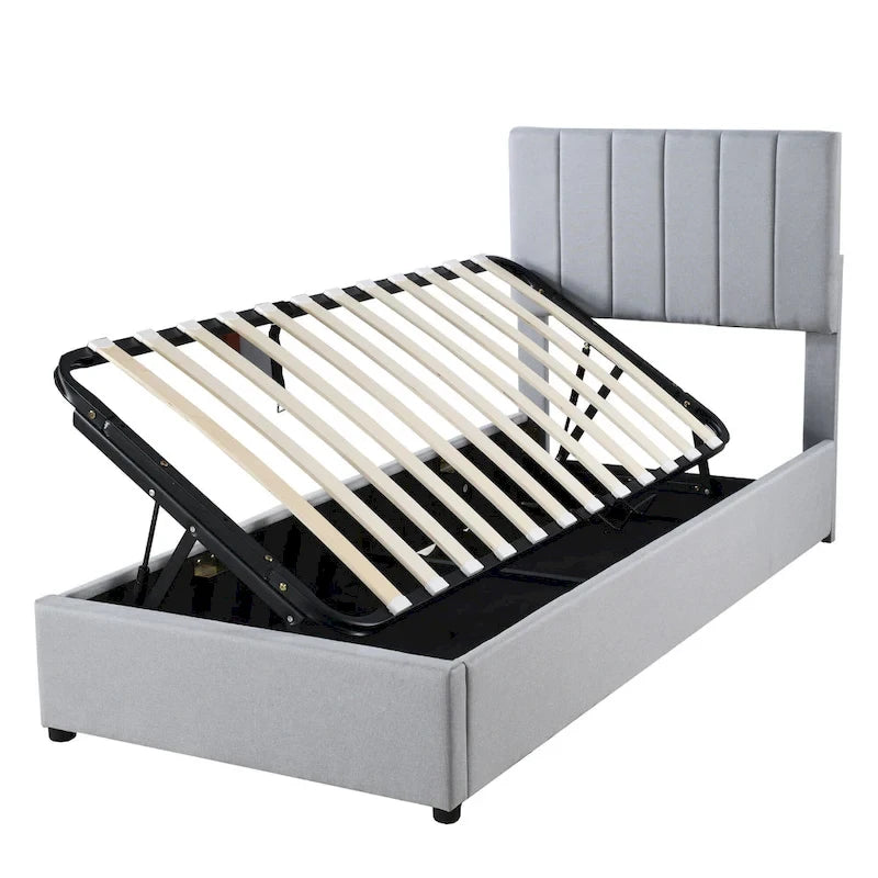 Lit plateforme relevable avec rangement intégré, lit bas en bois avec système de rangement hydraulique, tête de lit à rayures verticales