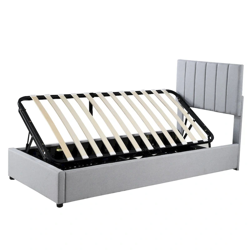 Lit plateforme relevable avec rangement intégré, lit bas en bois avec système de rangement hydraulique, tête de lit à rayures verticales