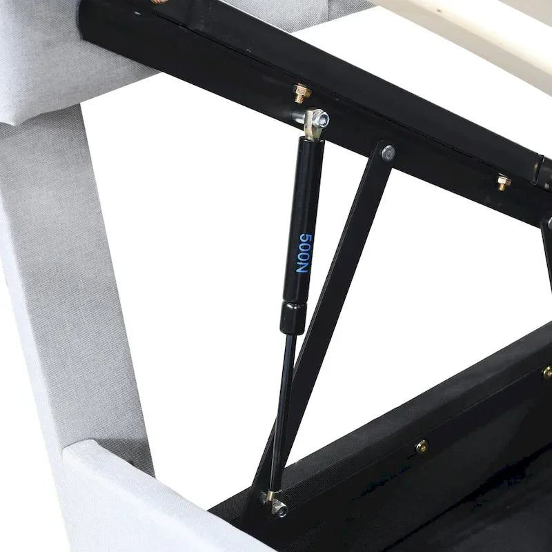 Lit plateforme relevable avec rangement intégré, lit bas en bois avec système de rangement hydraulique, tête de lit à rayures verticales