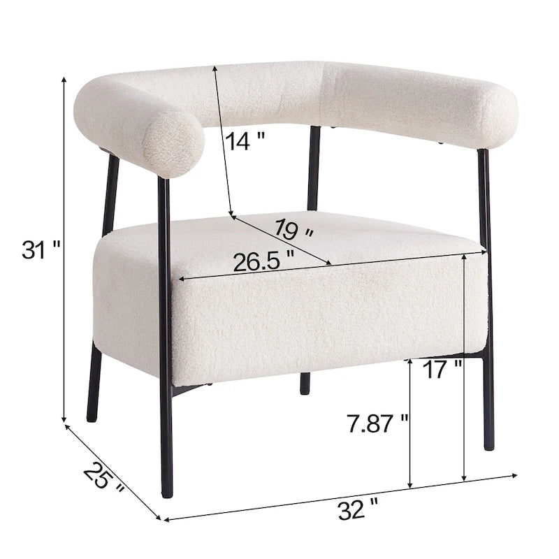 Fauteuil d'appoint moderne en tissu bouclé, avec accoudoirs incurvés et structure en métal noir.