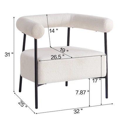 Fauteuil d'appoint moderne en tissu bouclé, avec accoudoirs incurvés et structure en métal noir.
