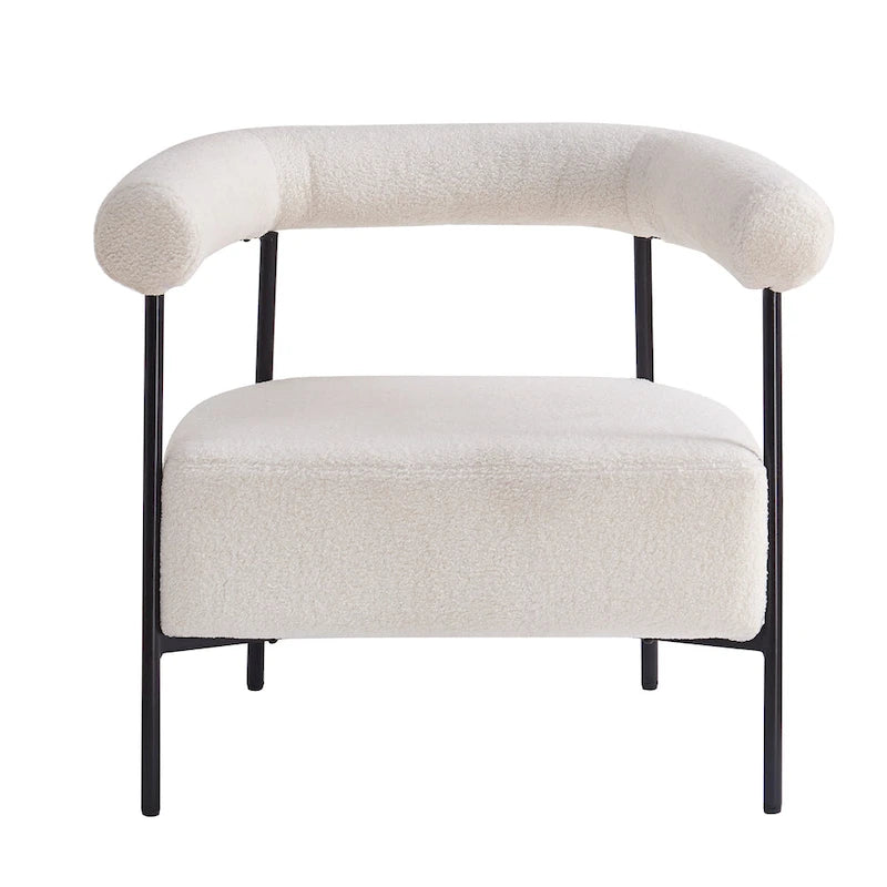 Fauteuil d'appoint moderne en tissu bouclé, avec accoudoirs incurvés et structure en métal noir.