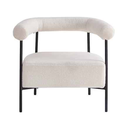 Fauteuil d'appoint moderne en tissu bouclé, avec accoudoirs incurvés et structure en métal noir.