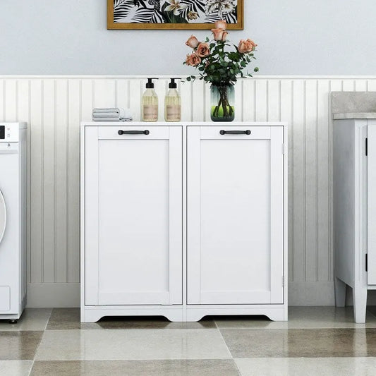 Meuble de buanderie autoportant avec portes et étagère, panier à linge basculant