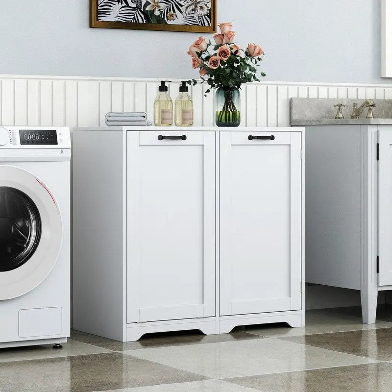 Meuble de buanderie autoportant avec portes et étagère, panier à linge basculant