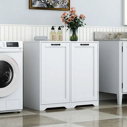Meuble de buanderie autoportant avec portes et étagère, panier à linge basculant