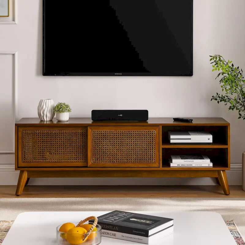 Vintage Rattan TV Cabinet with 2 Storage Cabinets and 4 Wooden Legs for Living Room Bedroom and Office