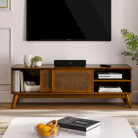 Meuble TV vintage en rotin avec 2 placards de rangement et 4 pieds en bois, idéal pour le salon, la chambre et le bureau.