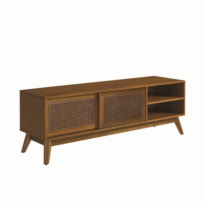 Meuble TV vintage en rotin avec 2 placards de rangement et 4 pieds en bois, idéal pour le salon, la chambre et le bureau.