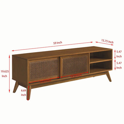 Meuble TV vintage en rotin avec 2 placards de rangement et 4 pieds en bois, idéal pour le salon, la chambre et le bureau.