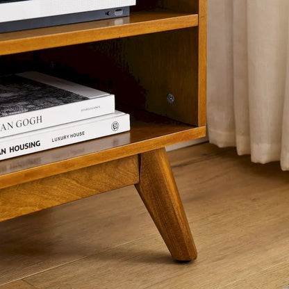 Meuble TV vintage en rotin avec 2 placards de rangement et 4 pieds en bois, idéal pour le salon, la chambre et le bureau.