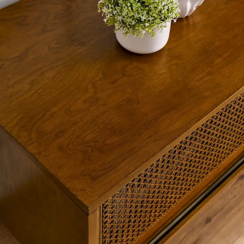 Meuble TV vintage en rotin avec 2 placards de rangement et 4 pieds en bois, idéal pour le salon, la chambre et le bureau.