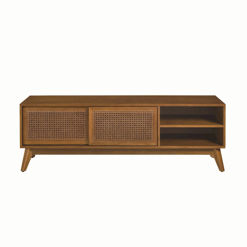 Meuble TV vintage en rotin avec 2 placards de rangement et 4 pieds en bois, idéal pour le salon, la chambre et le bureau.