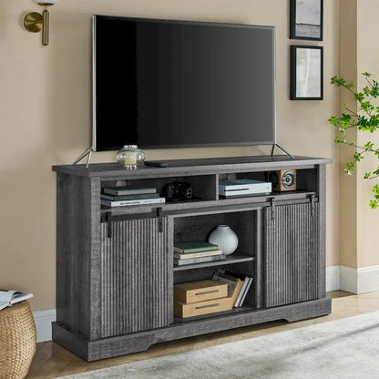 Meuble TV rustique avec portes coulissantes de style grange, étagères de rangement supérieures et inférieures et étagères réglables pour salon