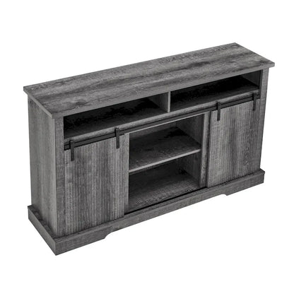 Meuble TV rustique avec portes coulissantes de style grange, étagères de rangement supérieures et inférieures et étagères réglables pour salon