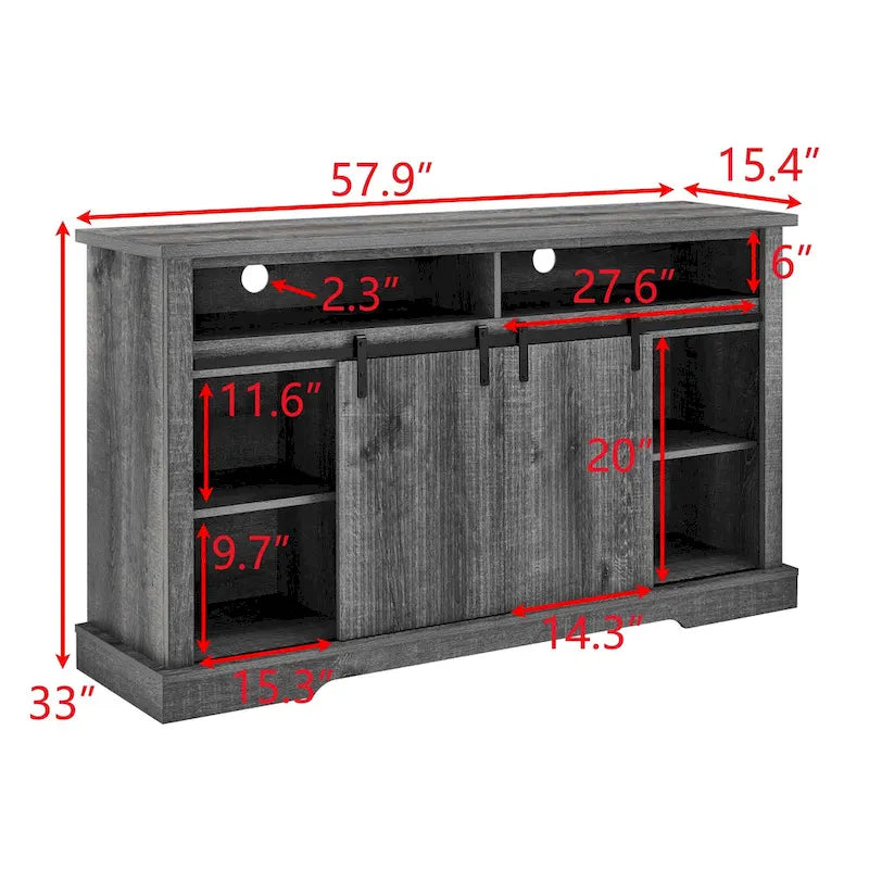 Meuble TV rustique avec portes coulissantes de style grange, étagères de rangement supérieures et inférieures et étagères réglables pour salon
