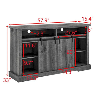 Meuble TV rustique avec portes coulissantes de style grange, étagères de rangement supérieures et inférieures et étagères réglables pour salon