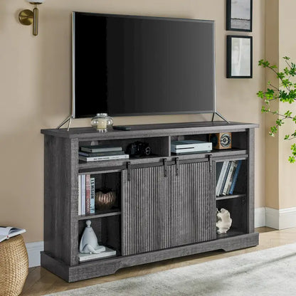Meuble TV rustique avec portes coulissantes de style grange, étagères de rangement supérieures et inférieures et étagères réglables pour salon