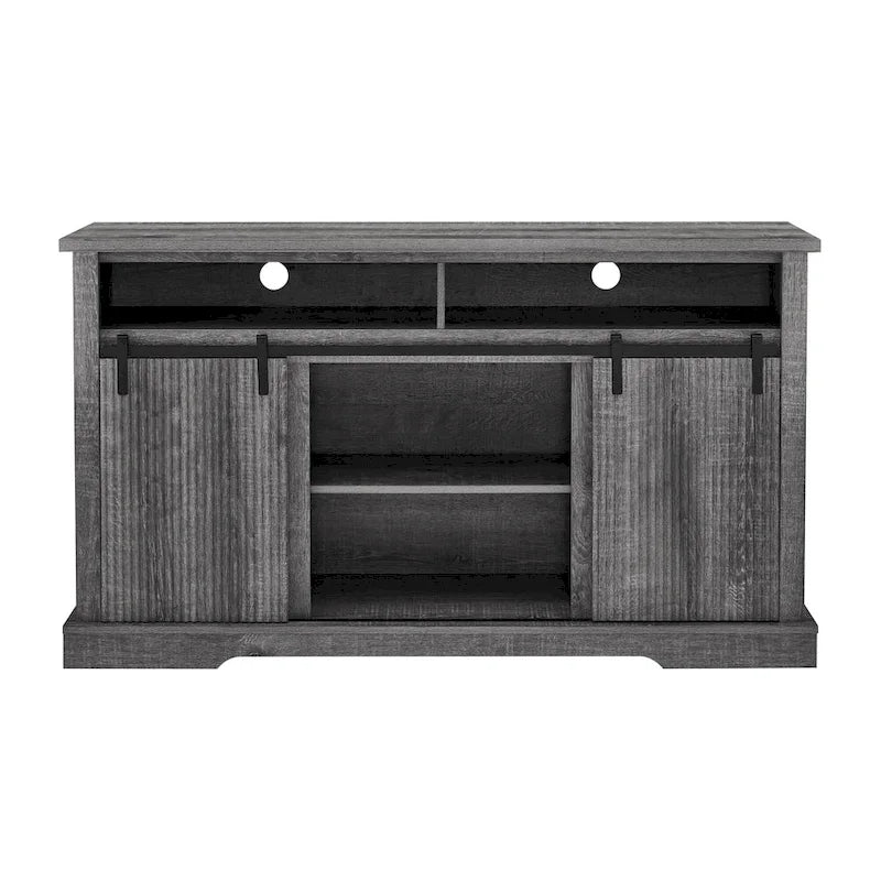 Meuble TV rustique avec portes coulissantes de style grange, étagères de rangement supérieures et inférieures et étagères réglables pour salon