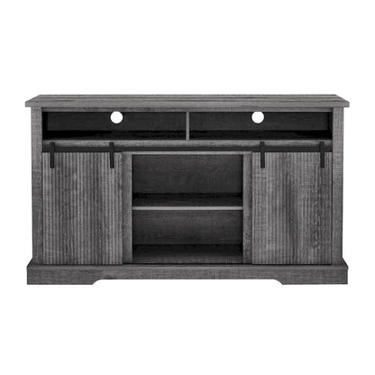 Meuble TV rustique avec portes coulissantes de style grange, étagères de rangement supérieures et inférieures et étagères réglables pour salon
