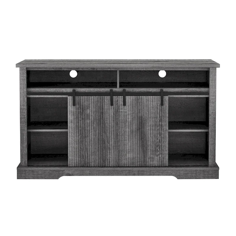 Meuble TV rustique avec portes coulissantes de style grange, étagères de rangement supérieures et inférieures et étagères réglables pour salon