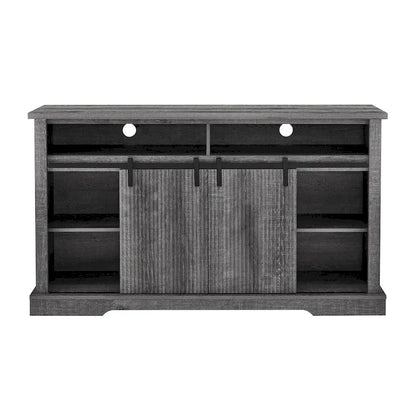 Meuble TV rustique avec portes coulissantes de style grange, étagères de rangement supérieures et inférieures et étagères réglables pour salon