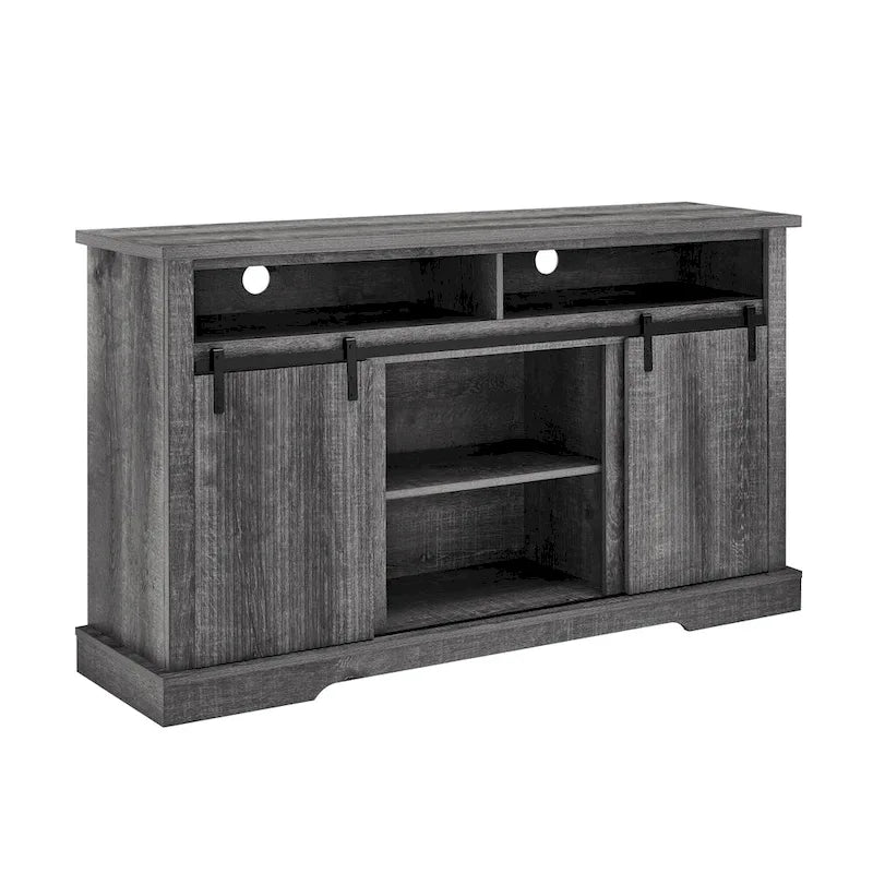 Meuble TV rustique avec portes coulissantes de style grange, étagères de rangement supérieures et inférieures et étagères réglables pour salon