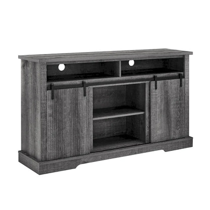 Meuble TV rustique avec portes coulissantes de style grange, étagères de rangement supérieures et inférieures et étagères réglables pour salon