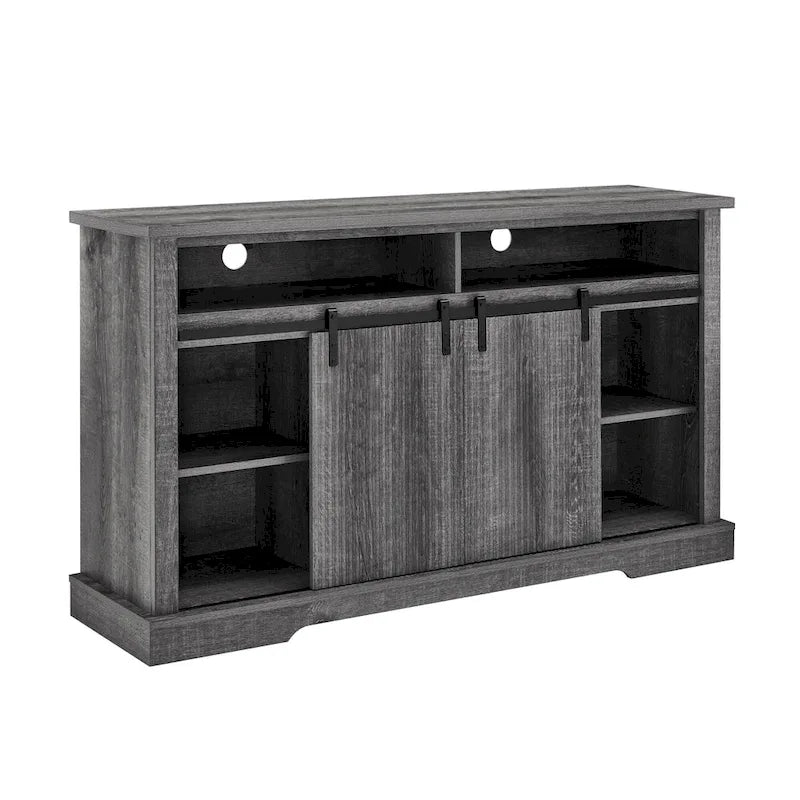 Meuble TV rustique avec portes coulissantes de style grange, étagères de rangement supérieures et inférieures et étagères réglables pour salon