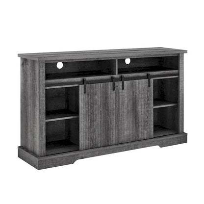 Meuble TV rustique avec portes coulissantes de style grange, étagères de rangement supérieures et inférieures et étagères réglables pour salon